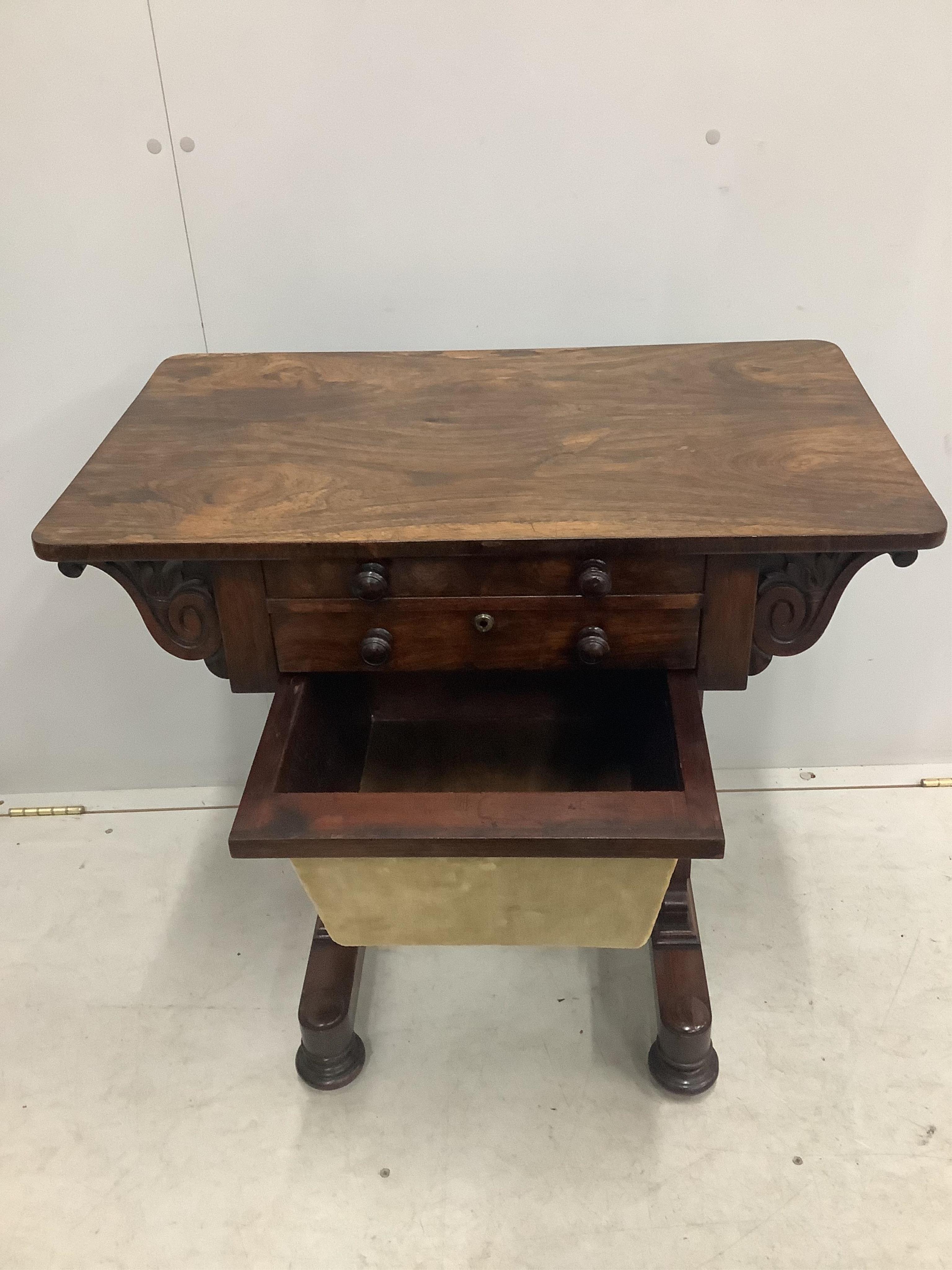 A William IV rosewood work table, width 71cm, depth 42cm, height 72cm. Condition - fair